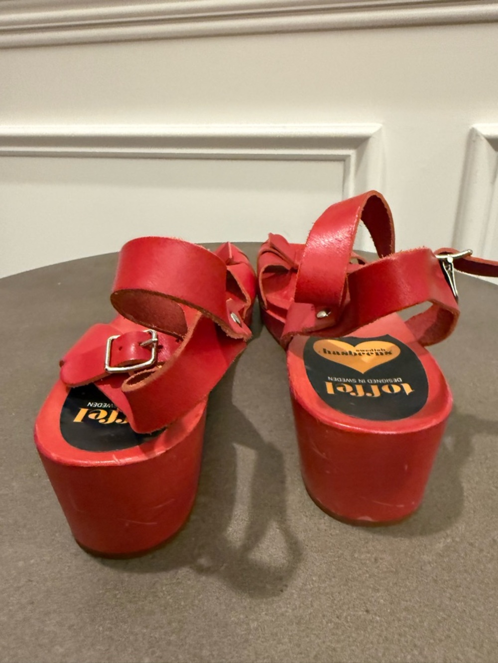 Swedish Hasbeens Red Bow Peep-Toe Sandals with Ankle Strap - Picture 4 of 9